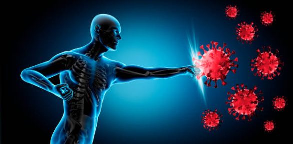 Rendering of man fighting diseases. Strong immune system concept.
