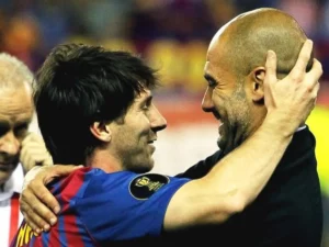 Messi and Guardiola celebrating victory